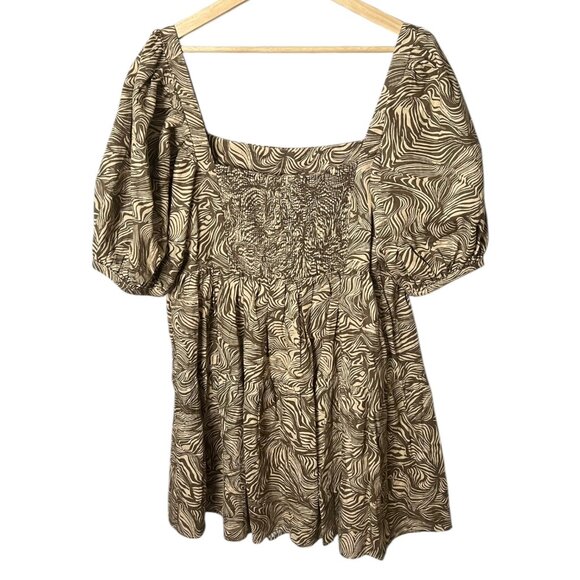 House of Harlow Linen Animal Print Puff Sleeve Mini Dress Brown L Cottagecore - Picture 3 of 8